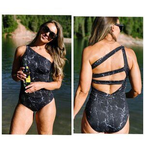 Kiava Asymmetric One Shoulder One Piece Swimsuit Black Marble S